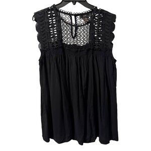 Rain Womens Black Sleeveless blouse With Crochet Lace Overlay & Scalloped Trim S